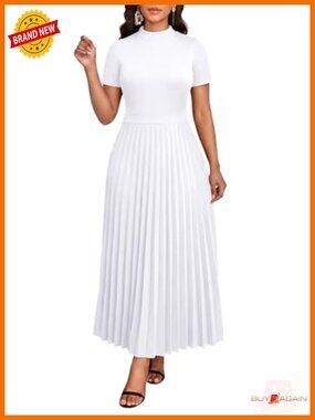 Women's Casual Maxi Dress Mock Neck Short Sleeve Empire Waist with Pockets